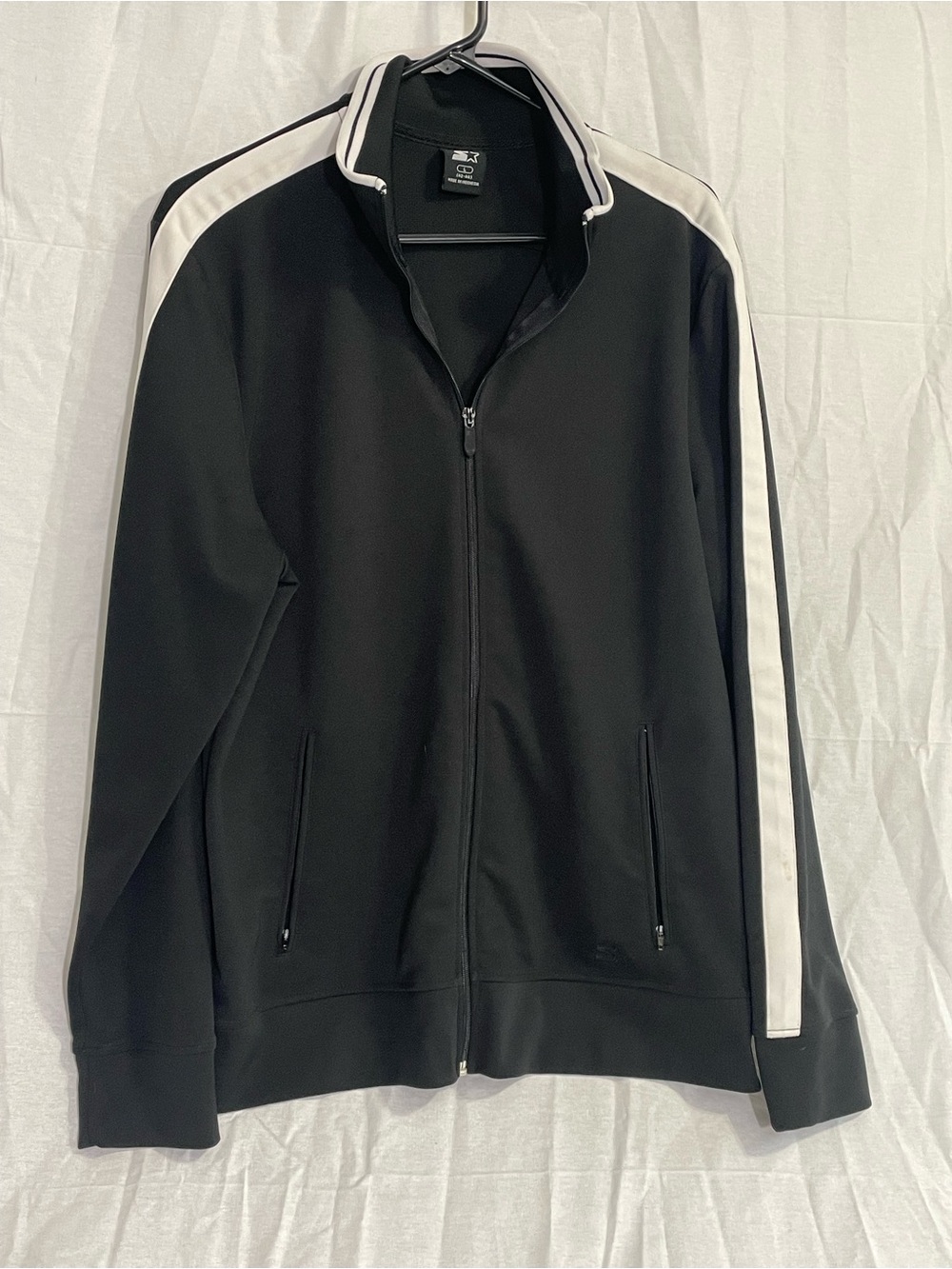 STARTER Black Zip-Up Track Jacket with White Shoulder Stripes
